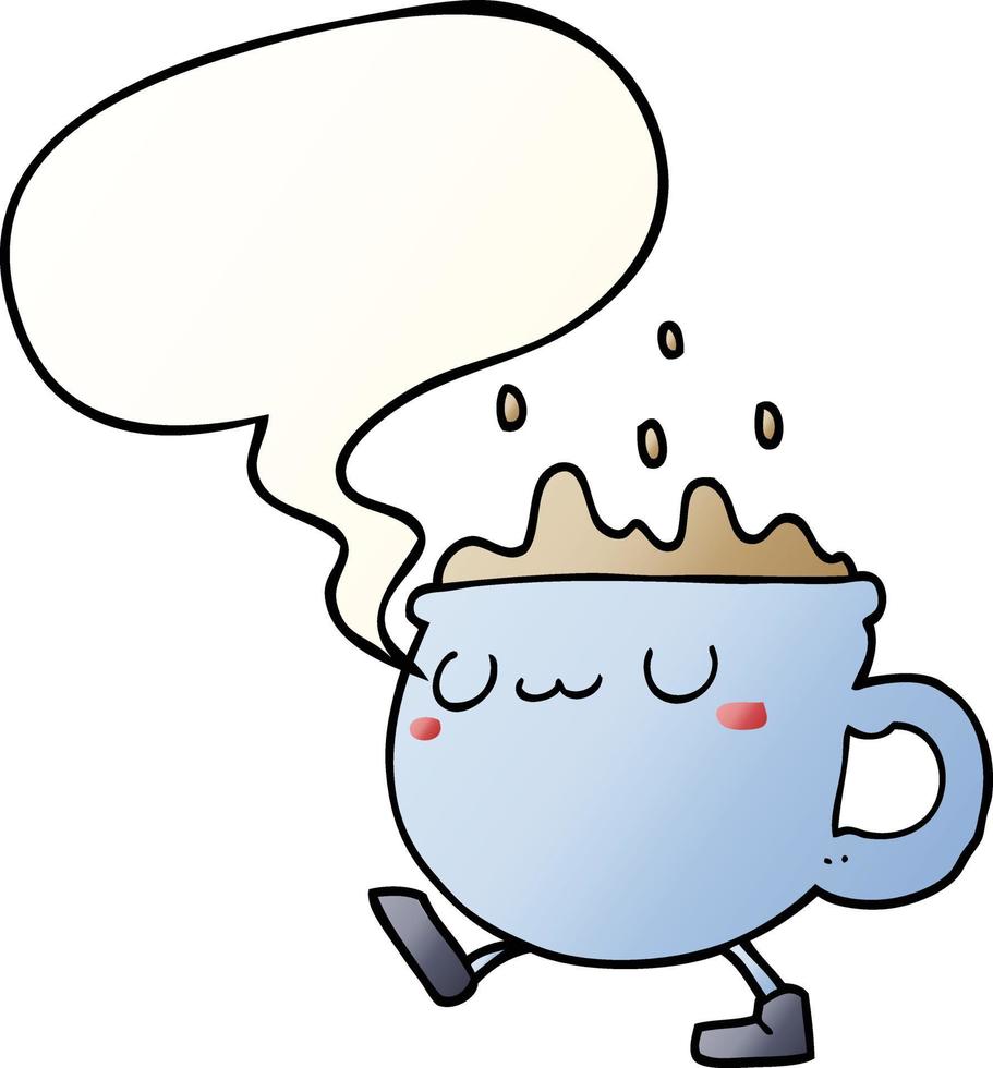 cartoon coffee cup walking and speech bubble in smooth gradient style vector