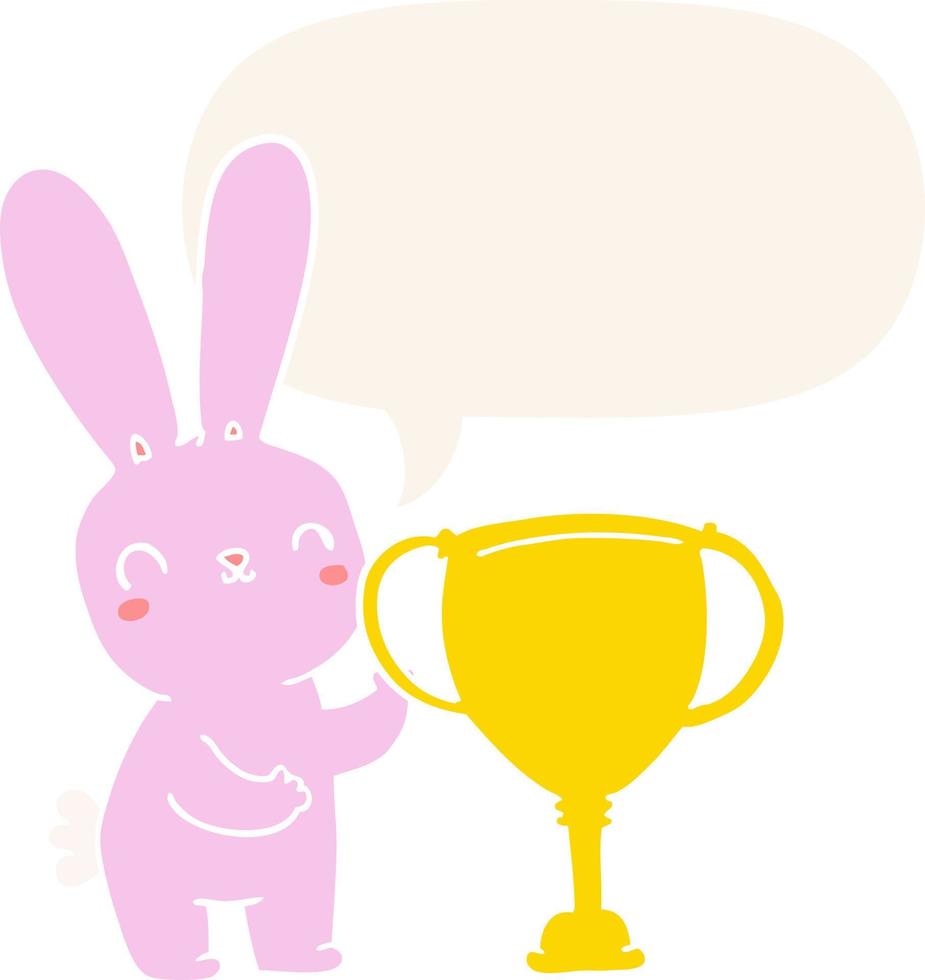 lindo conejo de dibujos animados y copa de trofeo deportivo y burbuja de habla en estilo retro vector