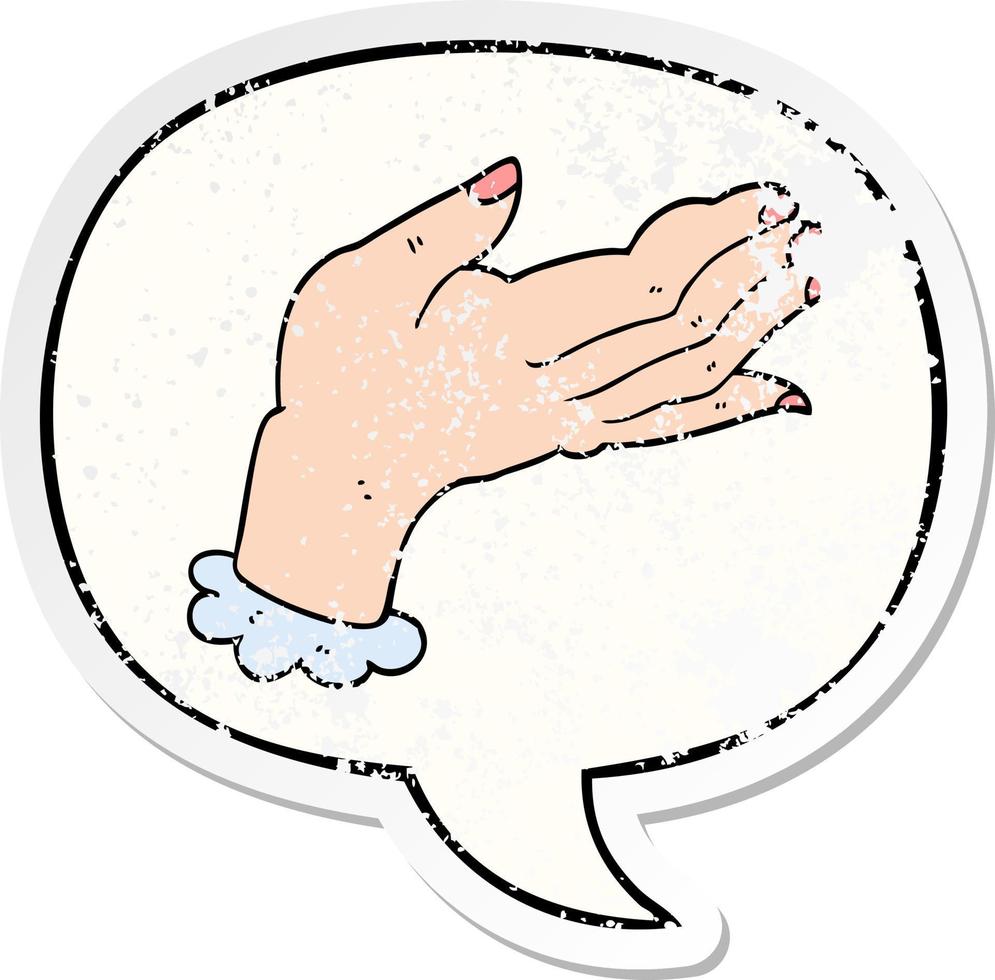 cartoon hand and speech bubble distressed sticker vector