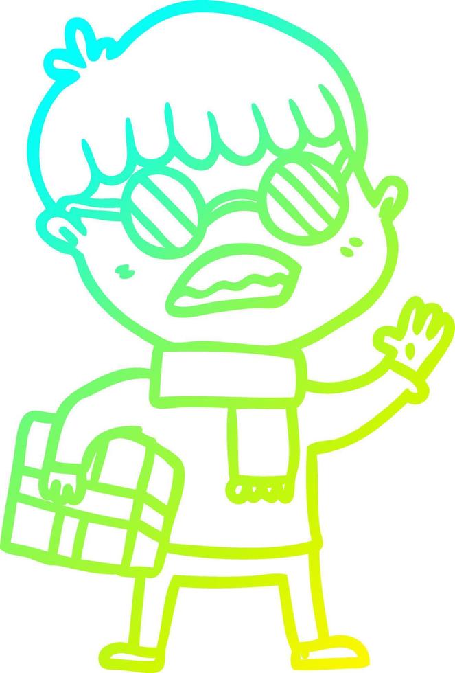 cold gradient line drawing cartoon boy holding gift and wearing spectacles vector