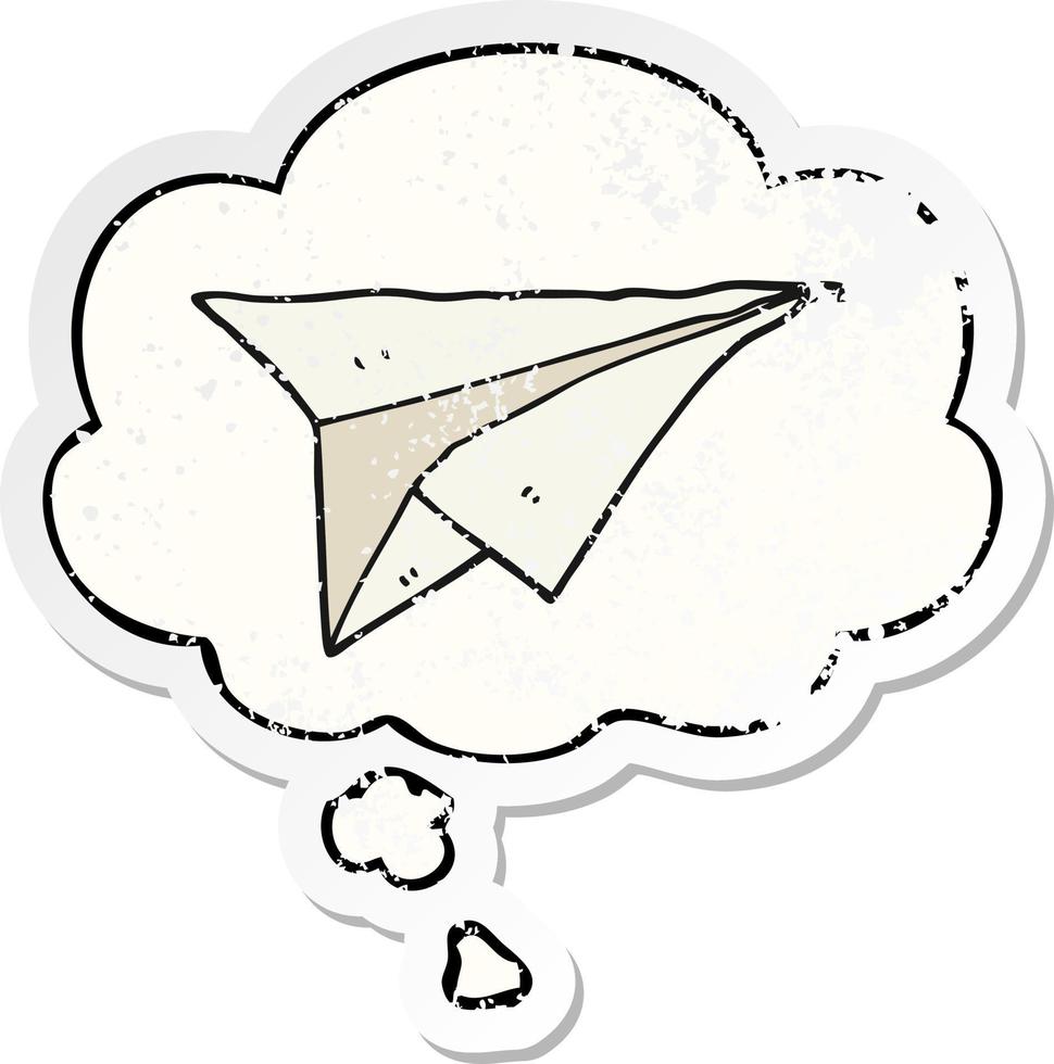 cartoon paper airplane and thought bubble as a distressed worn sticker vector