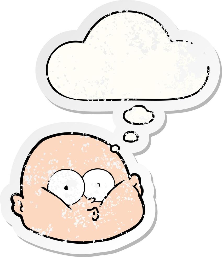 cartoon curious bald man and thought bubble as a distressed worn sticker vector