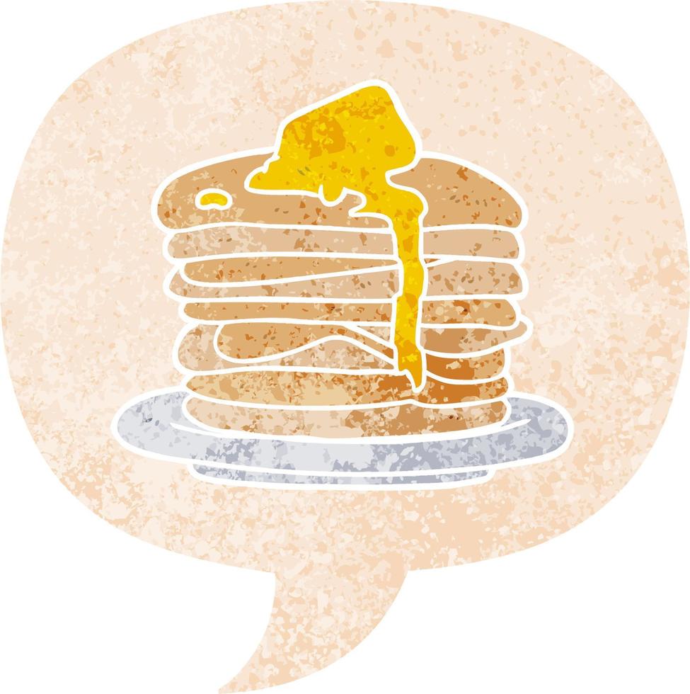 cartoon stack of pancakes and speech bubble in retro textured style vector