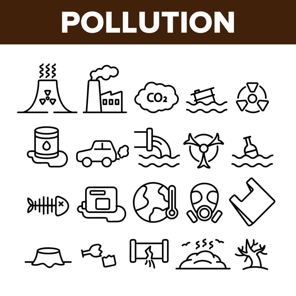 Pollution of Environment Vector Thin Line Icons Set