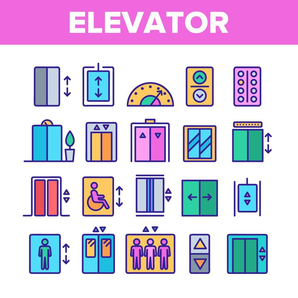 elevador de pasajeros de color, conjunto de iconos lineales vectoriales de elevación vector