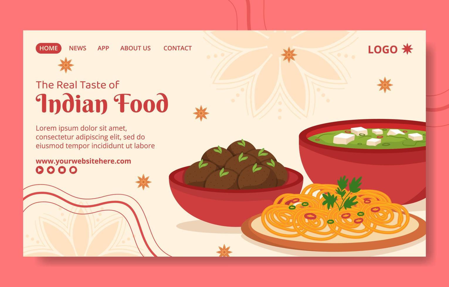 Indian Food Restaurant Social Media Landing Page Template Cartoon Background Vector Illustration