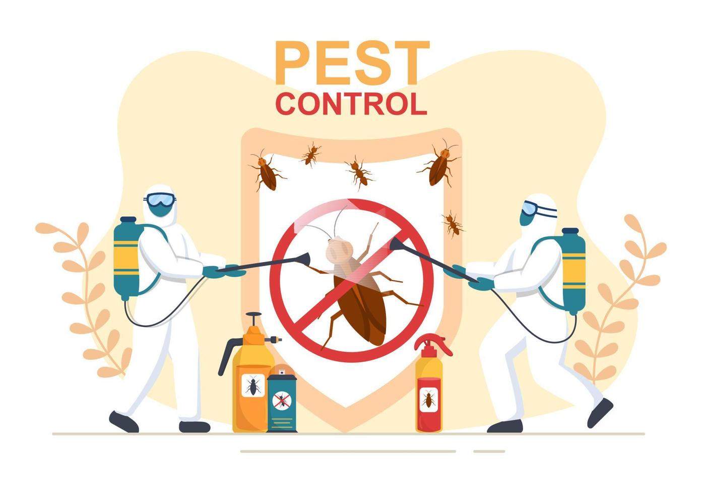 servicio de control de plagas con exterminador de insectos, aerosoles y desinfección higiénica de la casa en ilustración de fondo de caricatura plana vector