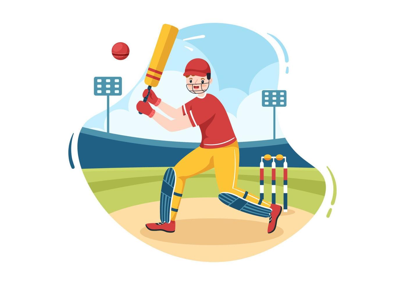 bateador jugando deportes de cricket con pelota y palo en ilustración de fondo de campo de dibujos animados plana vector