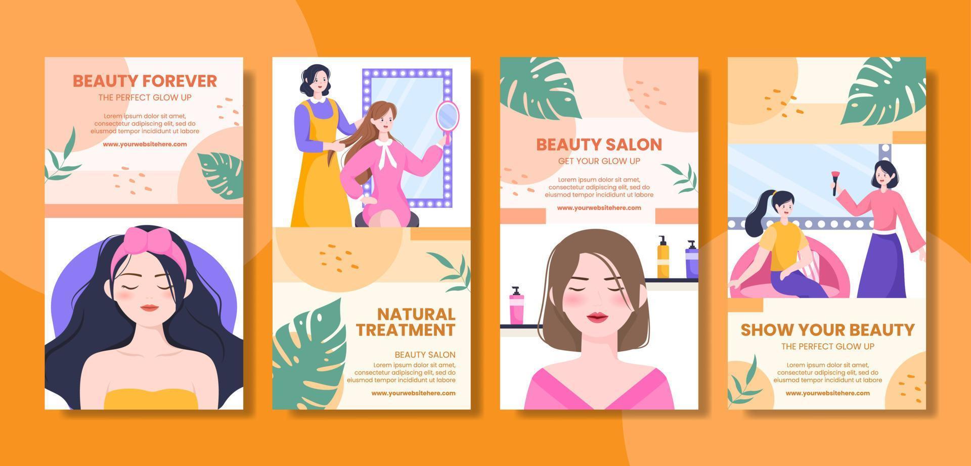 Beauty Salon Social Media Stories Template Flat Cartoon Background Vector Illustration
