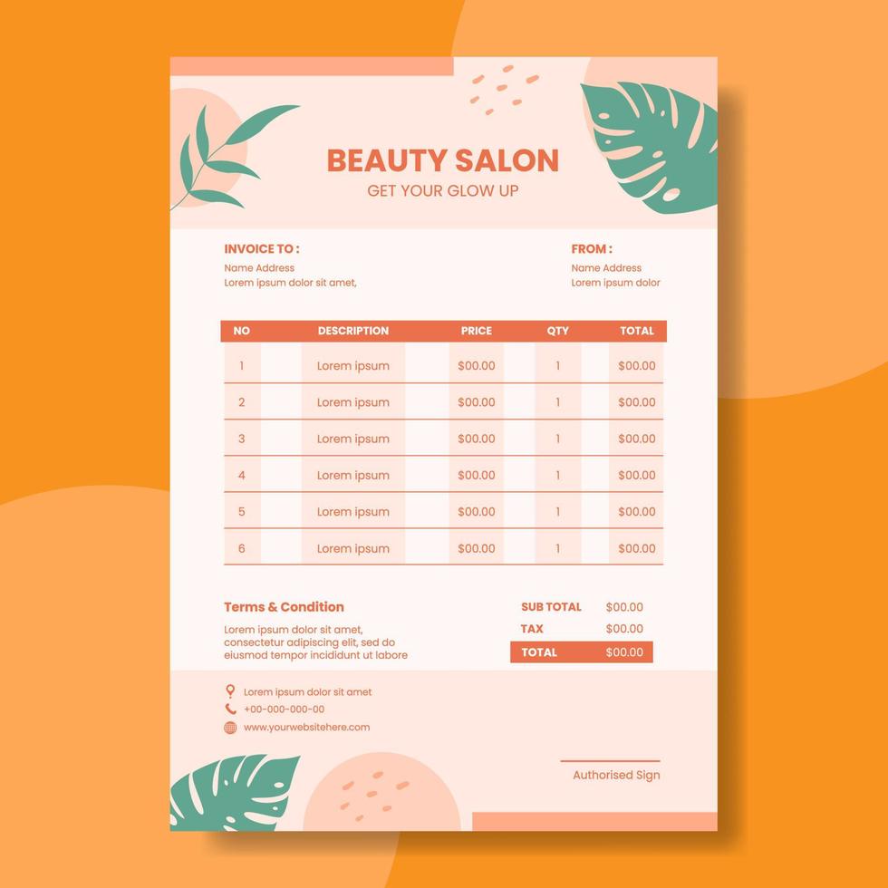 Beauty Salon Invoice Template Flat Cartoon Background Vector Illustration