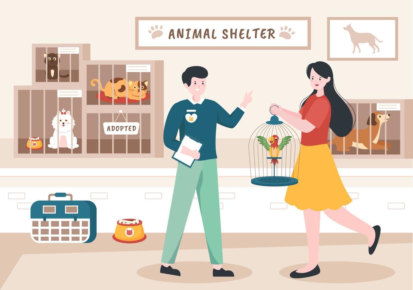 ilustración de dibujos animados de refugio de animales con mascotas sentadas en jaulas y voluntarios alimentando animales para adoptar en un diseño de estilo plano dibujado a mano vector