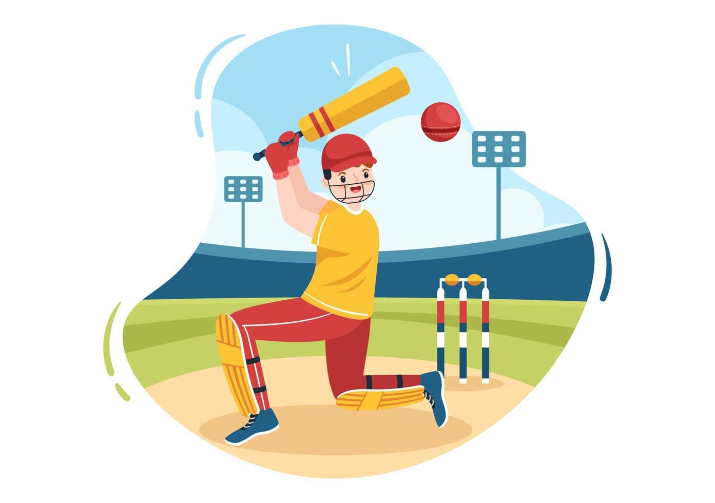 bateador jugando deportes de cricket con pelota y palo en ilustración de fondo de campo de dibujos animados plana vector