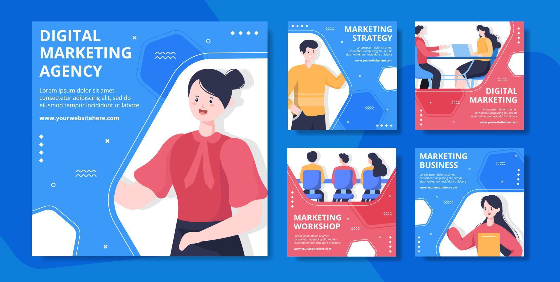 Marketing Social Media Post Template Flat Cartoon Background Vector Illustration