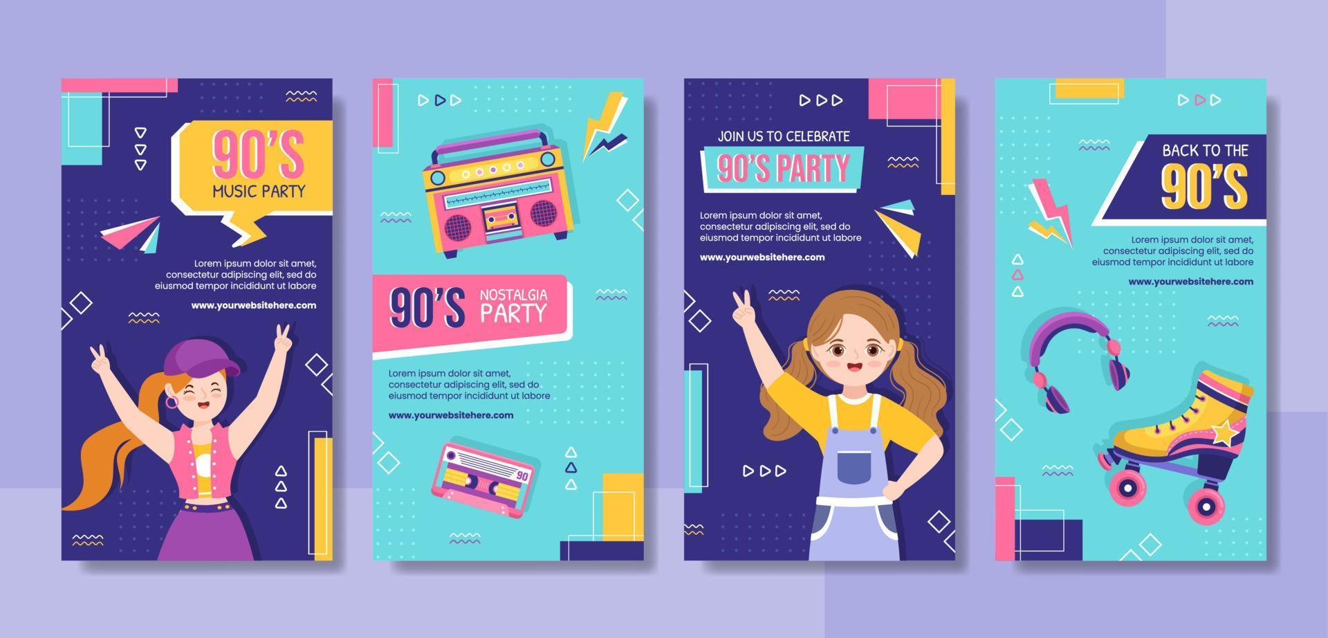 90s Retro Party Social Media Stories Template Flat Cartoon Background Vector Illustration