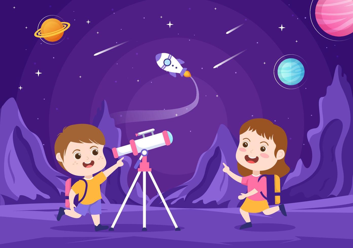 Astronomy Cartoon Illustration with Cute Kids Watching Night Starry Sky, Galaxy and Planets in Outer Space Through Telescope in Flat Hand Drawn Style vector