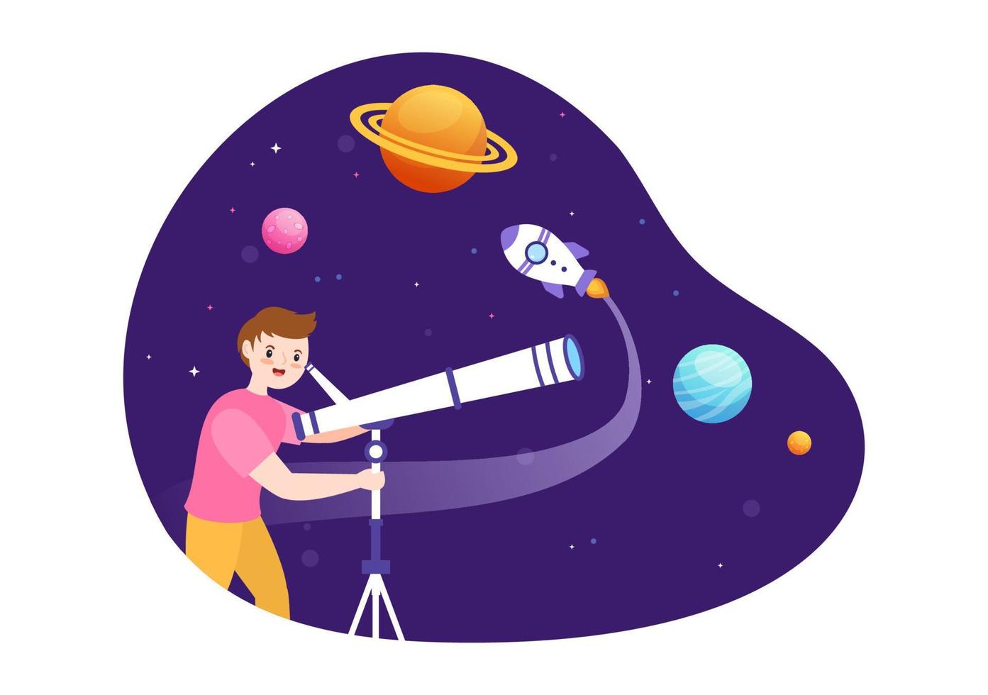 ilustración de dibujos animados de astronomía con gente mirando el cielo estrellado nocturno, la galaxia y los planetas en el espacio ultraterrestre a través del telescopio en estilo plano dibujado a mano vector