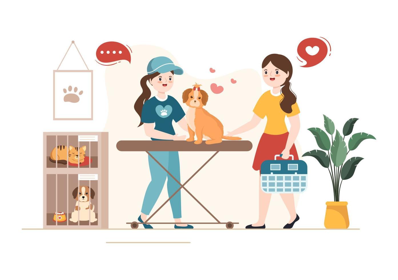 Animal Shelter Cartoon Illustration with Pets Sitting in Cages and Volunteers Feeding Animals for Adopting in Flat Hand Drawn Style Design vector