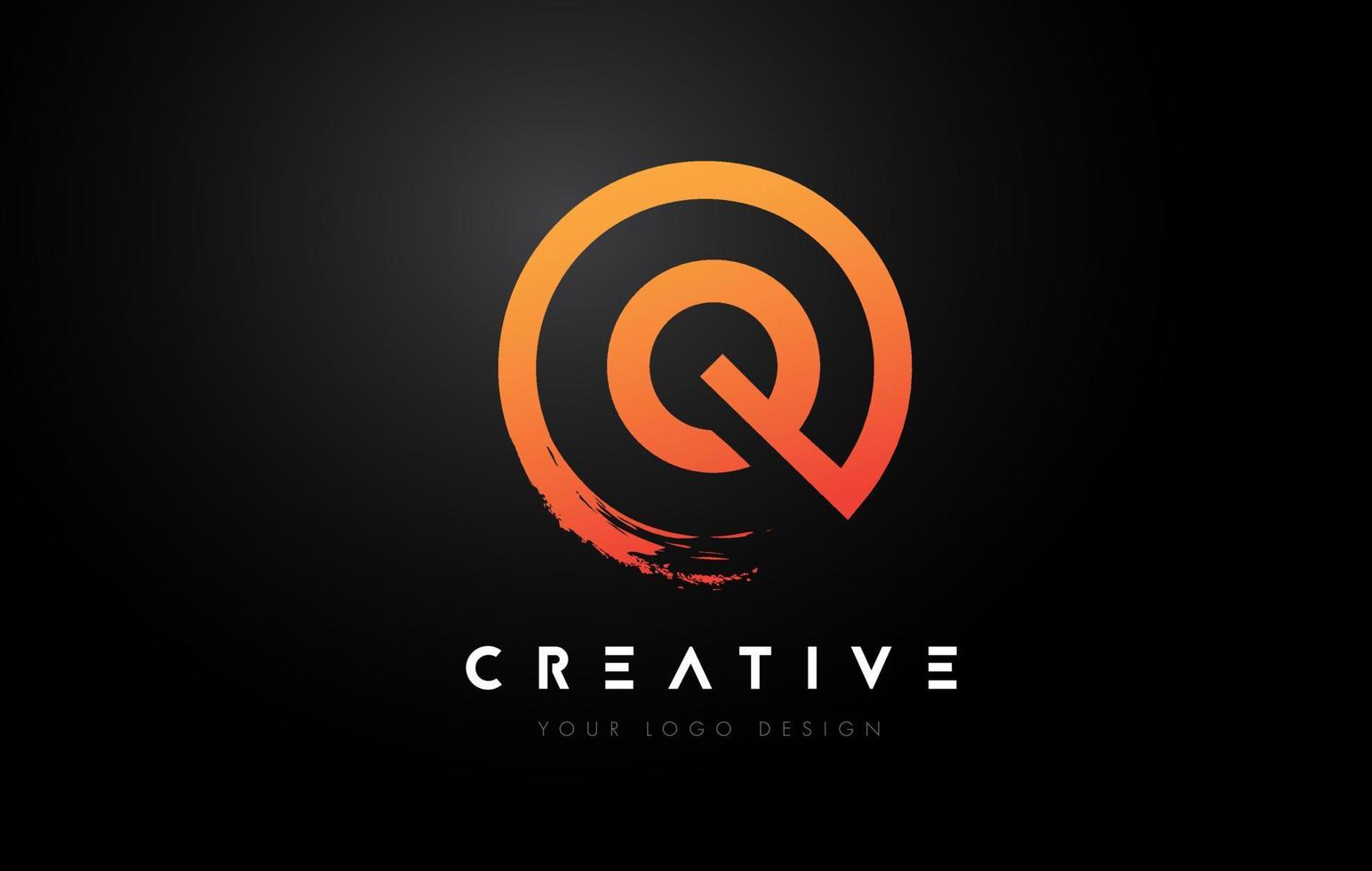Orange Q Circular Letter Logo with Circle Brush Design and Black Background. vector