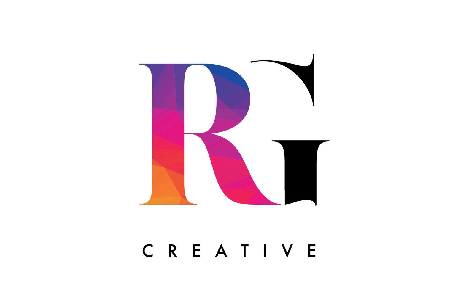 diseño de letras rg con corte creativo y textura colorida del arco iris vector