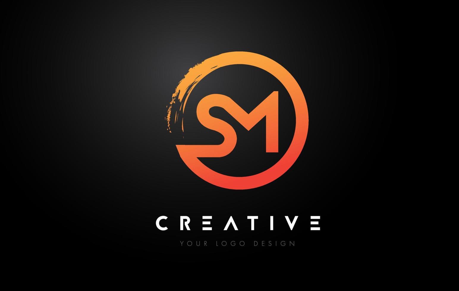 Orange SM Circular Letter Logo with Circle Brush Design and Black Background. vector