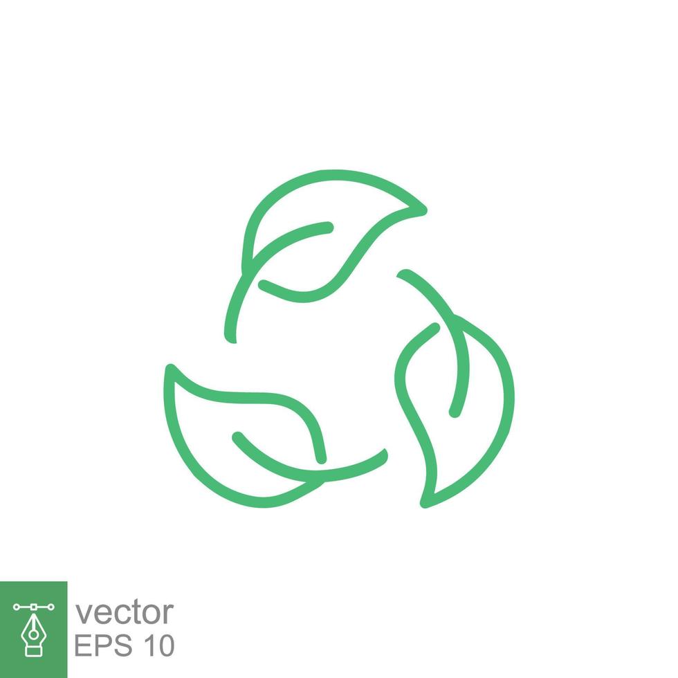 icono de paquete libre de plástico reciclable biodegradable. plantilla de logotipo de etiqueta degradable reciclable vectorial. tres hojas verdes aisladas sobre fondo blanco. eps 10. vector