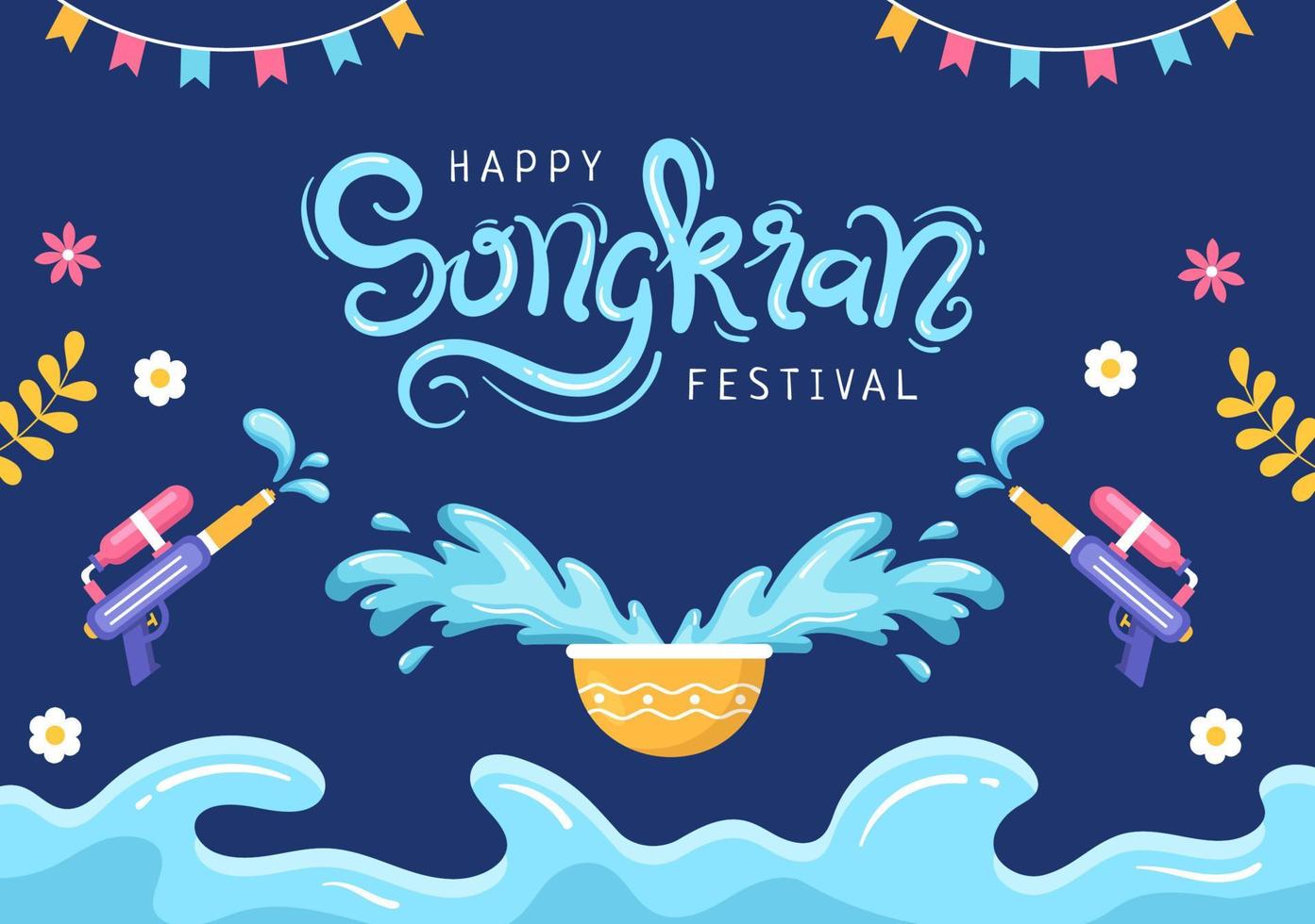 Happy Songkran Festival Day Hand Drawn Cartoon Illustration Playing Water Gun in Thailand Celebration in Flat Style Background Design vector