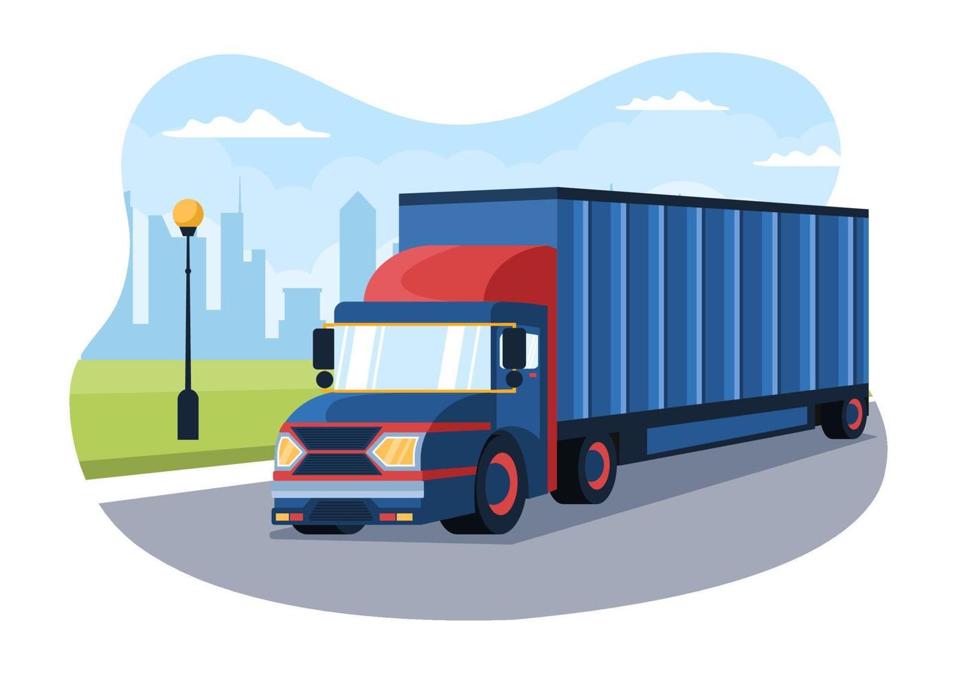 Trucking Transportation Cartoon Illustration with Cargo Delivery Services or Cardboard Box Sent to the Consumer in Flat Style Design vector