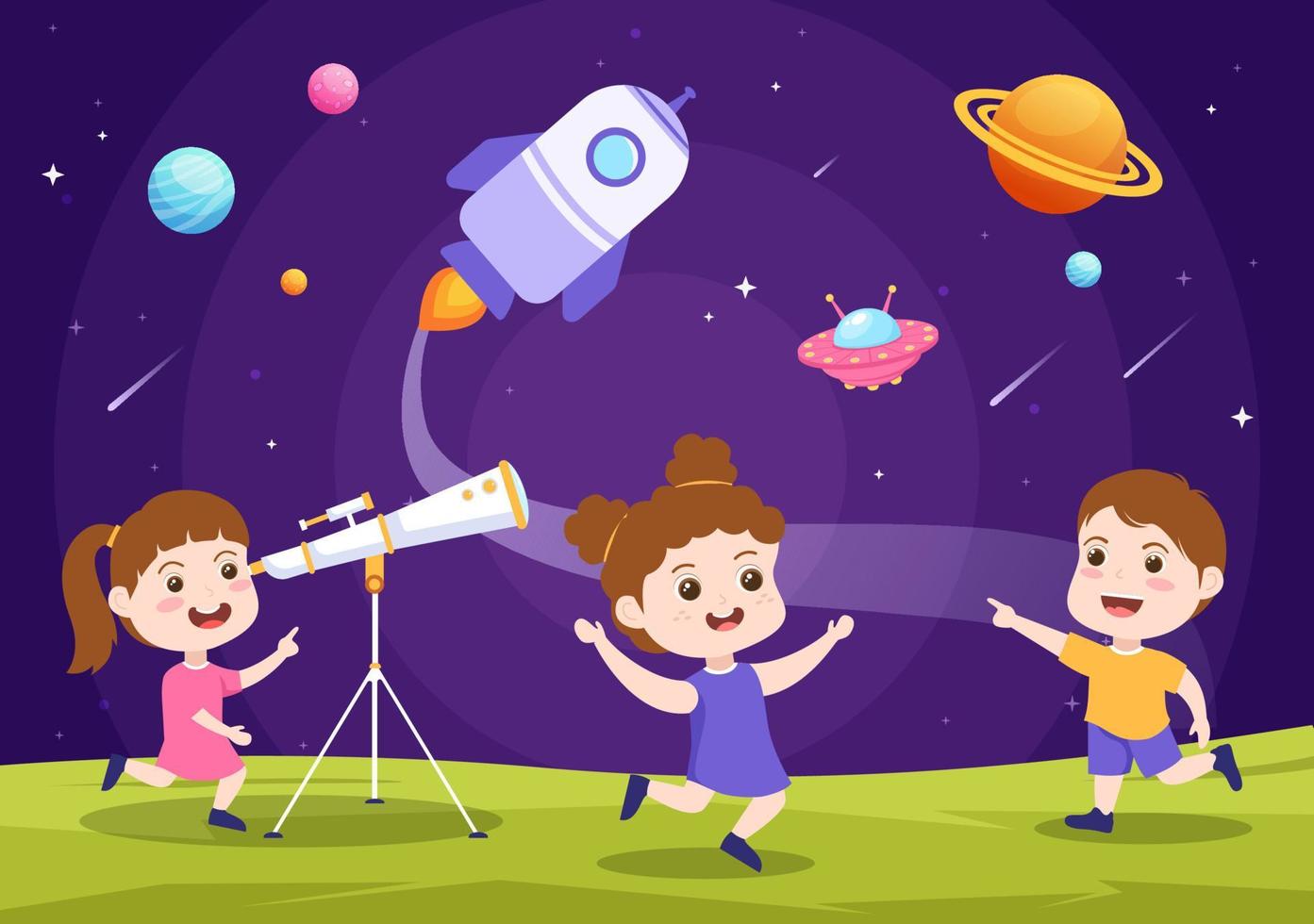 Astronomy Cartoon Illustration with Cute Kids Watching Night Starry Sky, Galaxy and Planets in Outer Space Through Telescope in Flat Hand Drawn Style vector