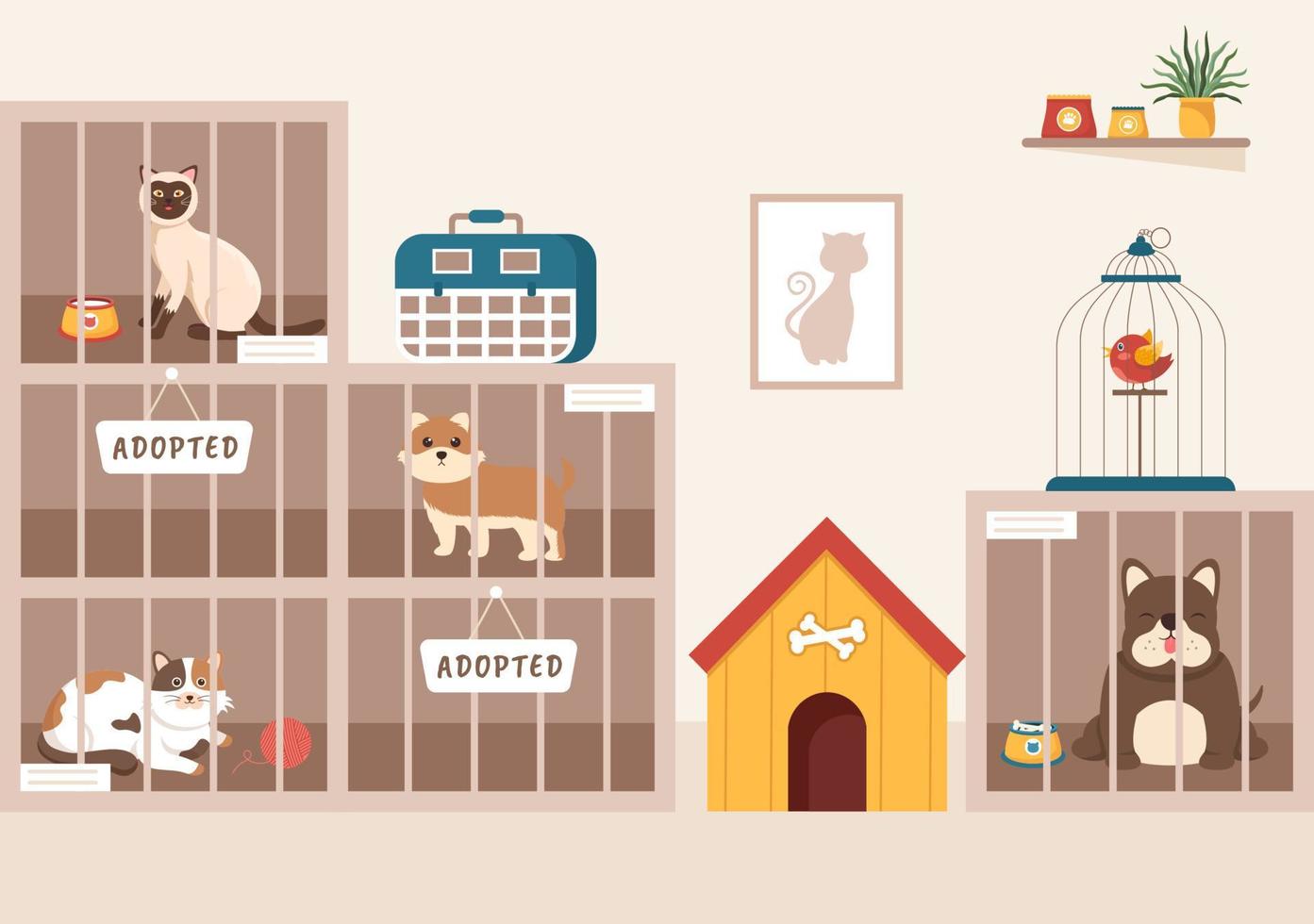 Animal Shelter Cartoon Illustration with Pets Sitting in Cages and Volunteers Feeding Animals for Adopting in Flat Hand Drawn Style Design vector