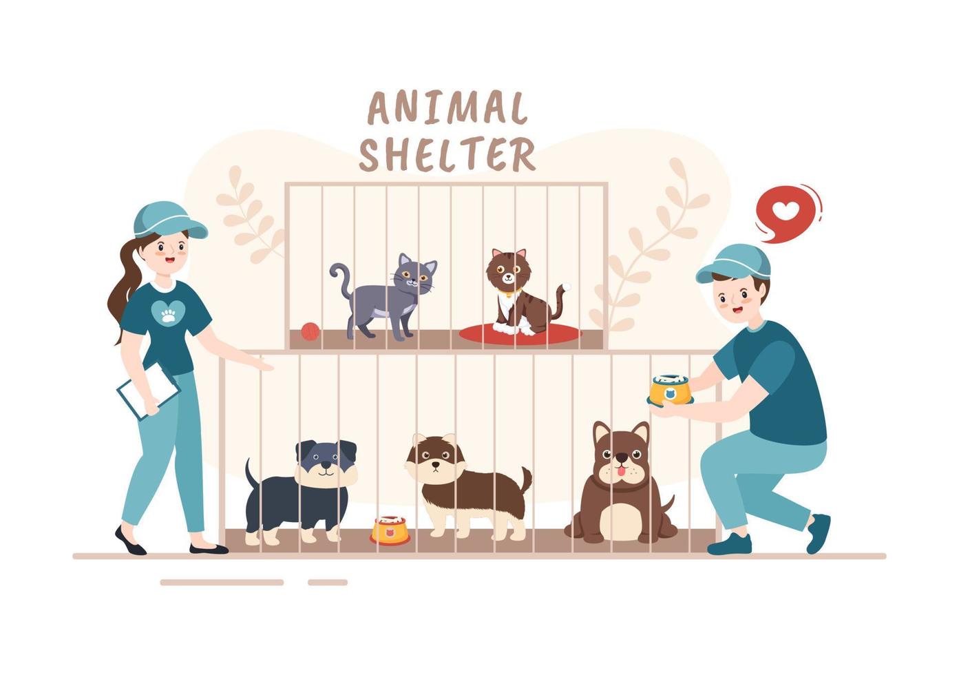 Animal Shelter Cartoon Illustration with Pets Sitting in Cages and Volunteers Feeding Animals for Adopting in Flat Hand Drawn Style Design vector