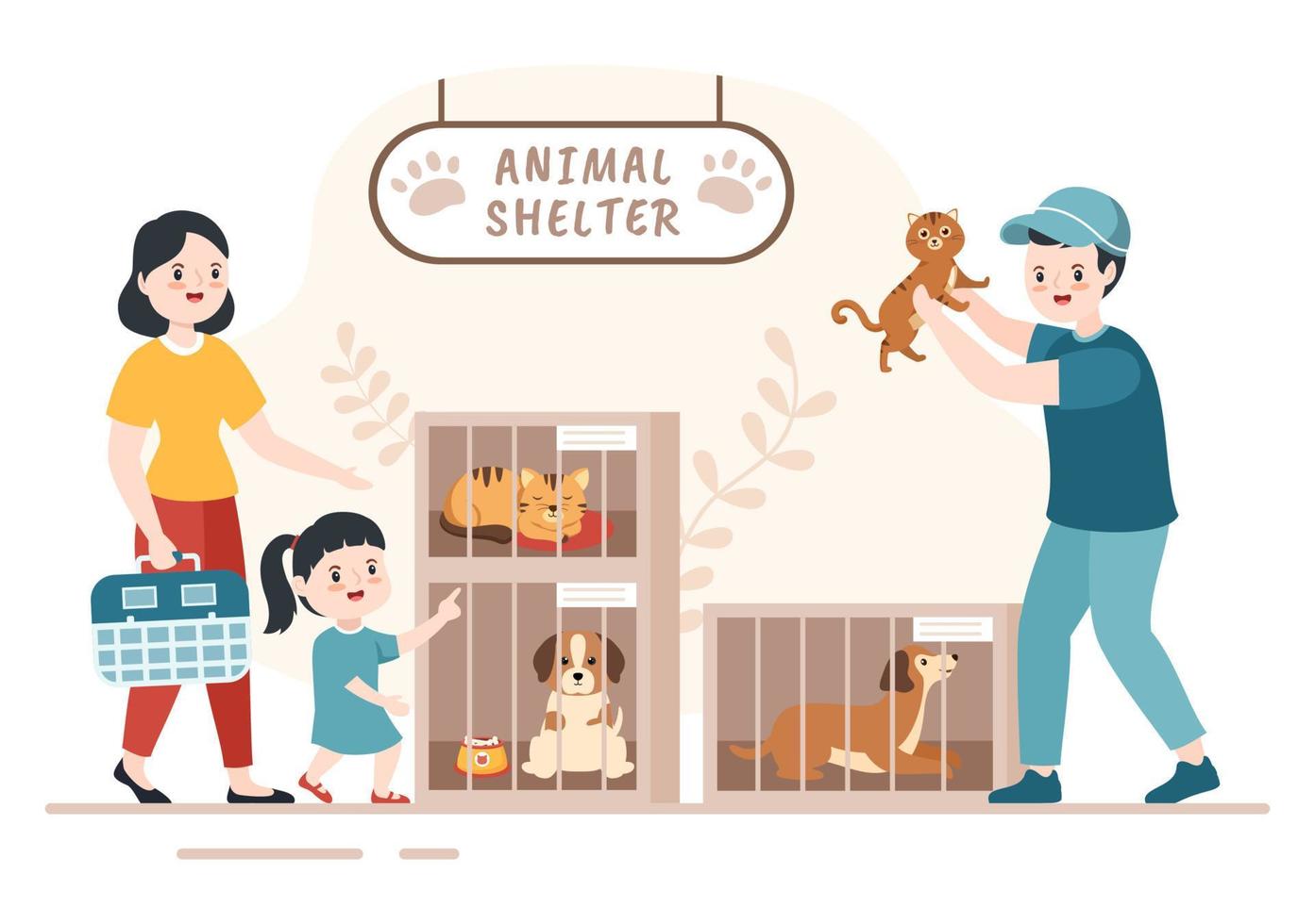 ilustración de dibujos animados de refugio de animales con mascotas sentadas en jaulas y voluntarios alimentando animales para adoptar en un diseño de estilo plano dibujado a mano vector