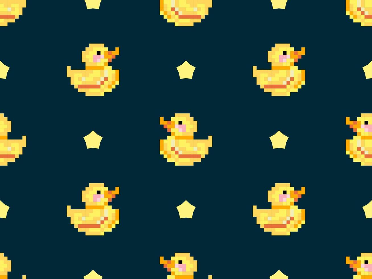 Duck cartoon character seamless pattern on blue background. Pixel style vector