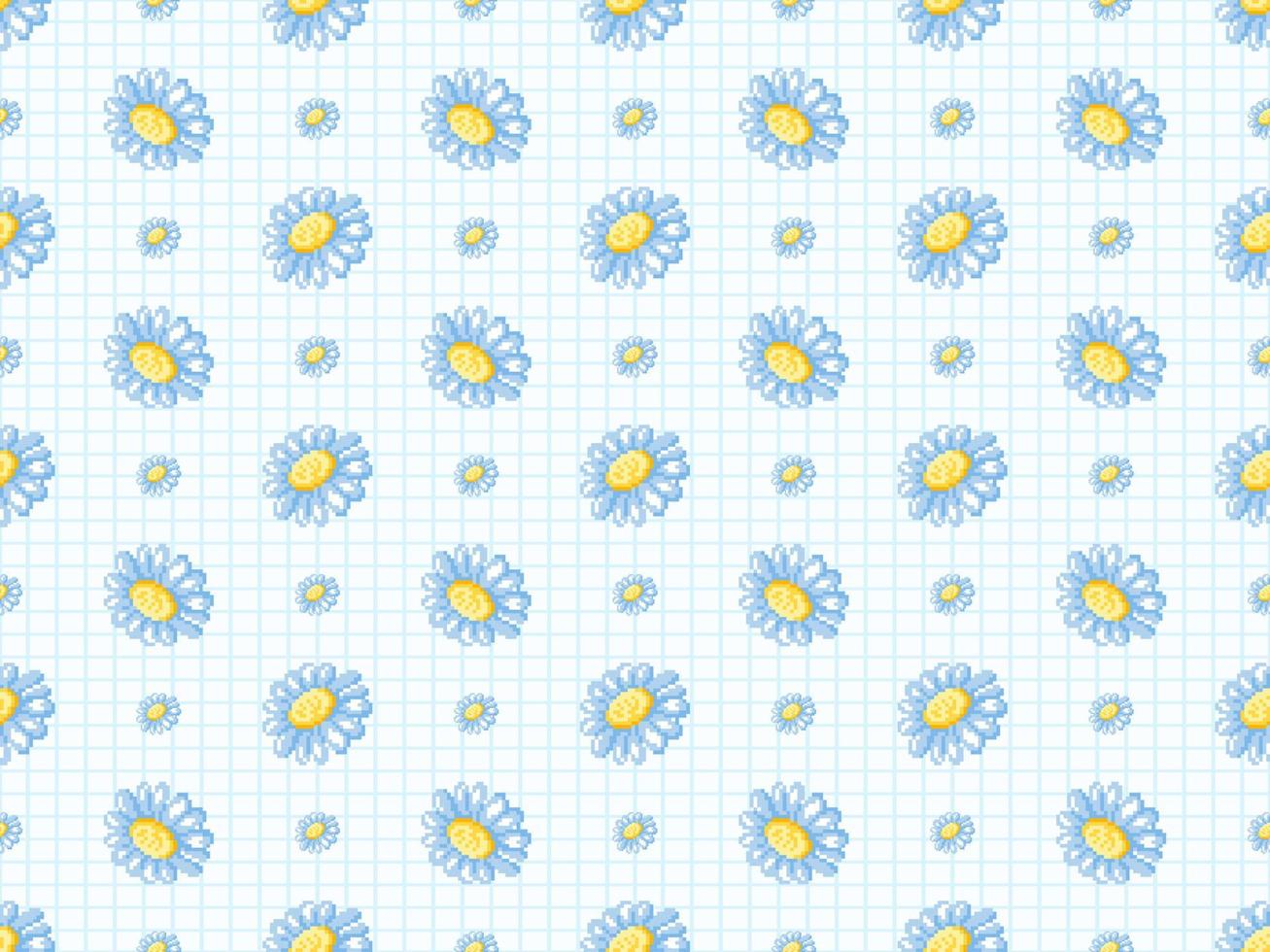 Flower cartoon character seamless pattern on blue background. Pixel style vector