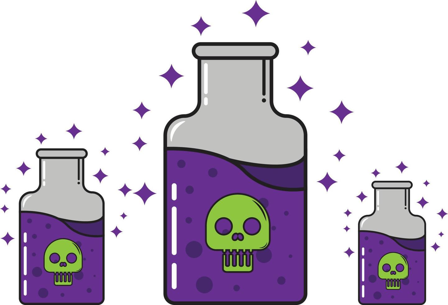 Vector illustration of three dangerous purple potions in a skull bottle