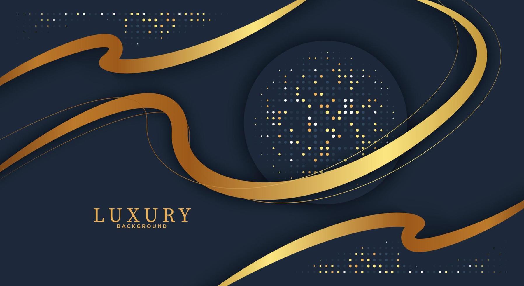 Abstract curve overlapping on dark blue background with glitter and golden lines glowing dots golden combinations. Luxury and elegant design. vector