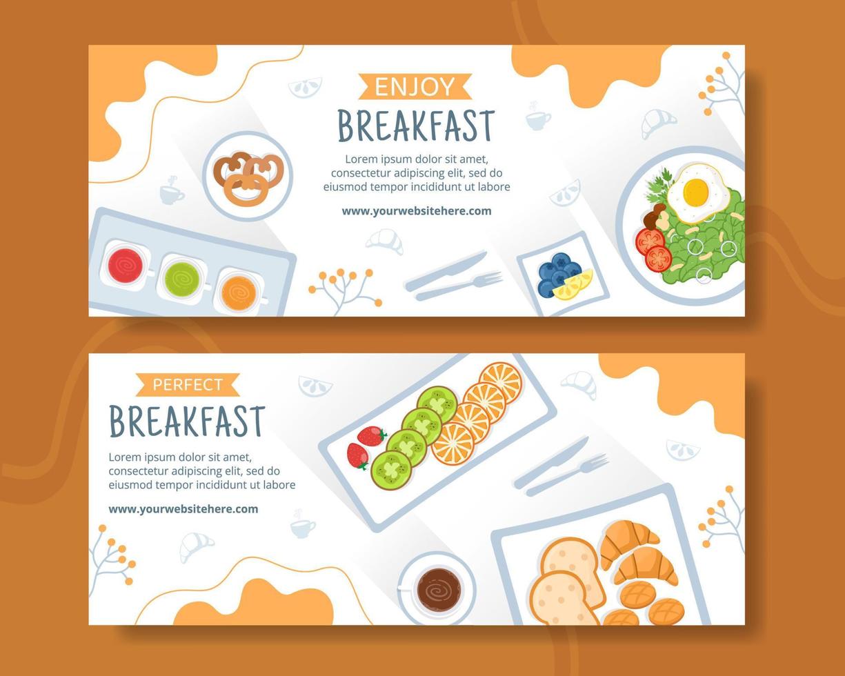 desayunos plantilla de banner horizontal ilustración de vector de fondo de dibujos animados plana