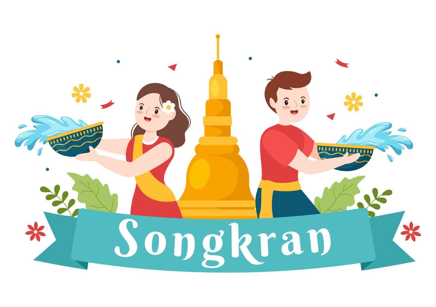 Happy Songkran Festival Day Hand Drawn Cartoon Illustration Playing Water Gun in Thailand Celebration in Flat Style Background Design vector