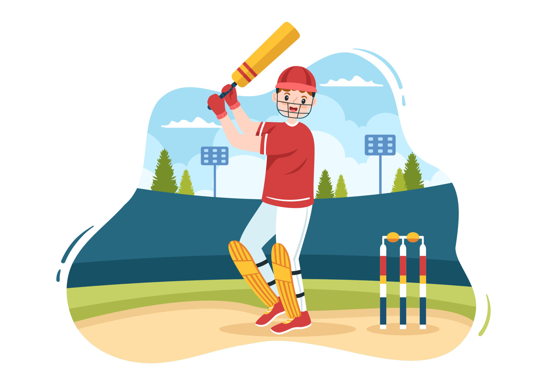 Batsman Playing Cricket Sports with Ball and Stick in Flat Cartoon Field  Background Illustration 9953122 Vector Art at Vecteezy