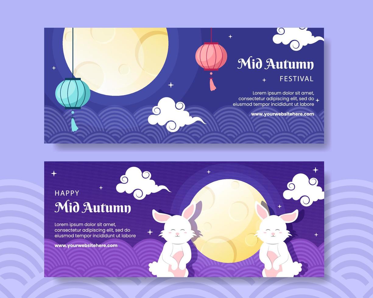 Mid Autumn Horizontal Banner Template Flat Cartoon Background Vector Illustration