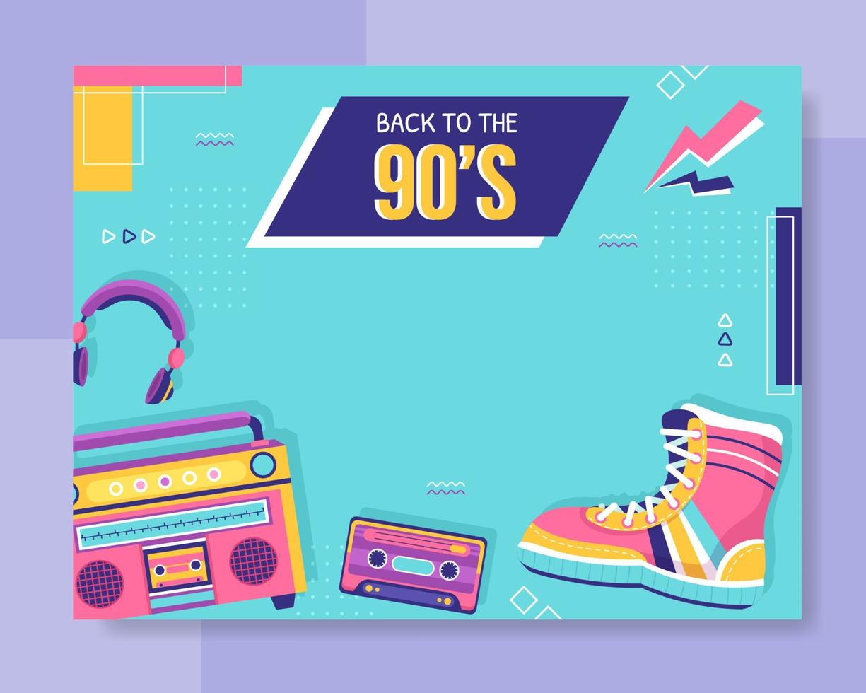 90s Retro Party Photocall Template Flat Cartoon Background Vector Illustration