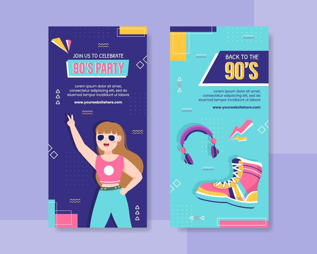 90s Retro Party Vertical Banner Template Flat Cartoon Background Vector Illustration