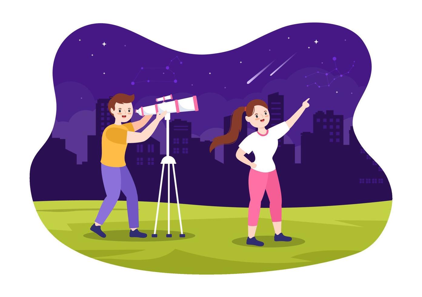 ilustración de dibujos animados de astronomía con gente mirando el cielo estrellado nocturno, la galaxia y los planetas en el espacio ultraterrestre a través del telescopio en estilo plano dibujado a mano vector