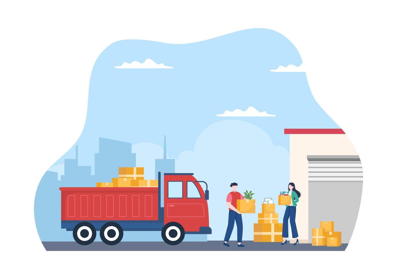 Trucking Transportation Cartoon Illustration with Cargo Delivery Services or Cardboard Box Sent to the Consumer in Flat Style Design vector