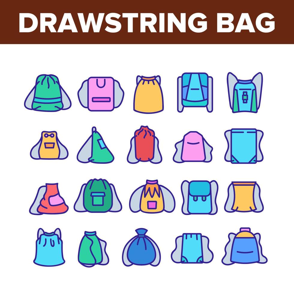 Drawstring Bag Travel Accessory Icons Set Vector