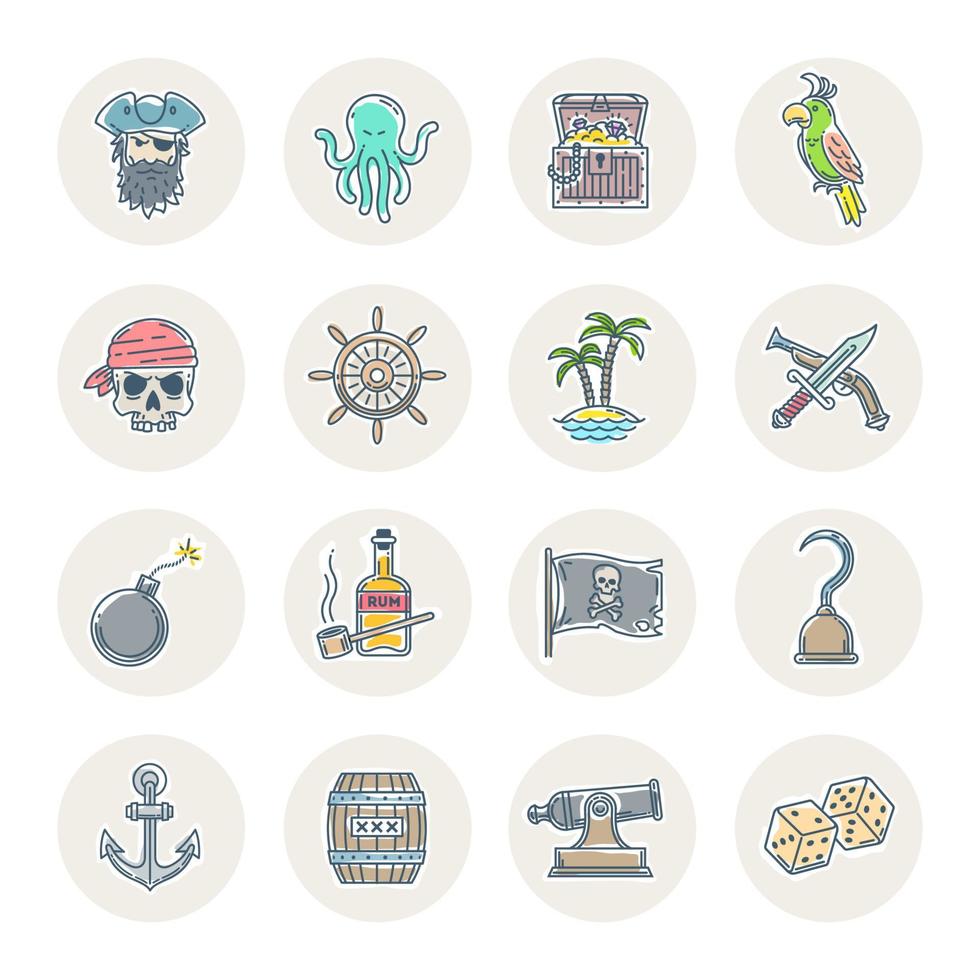 conjunto de vectores piratas - línea dibujada diferentes objetos, elementos, signos y símbolos