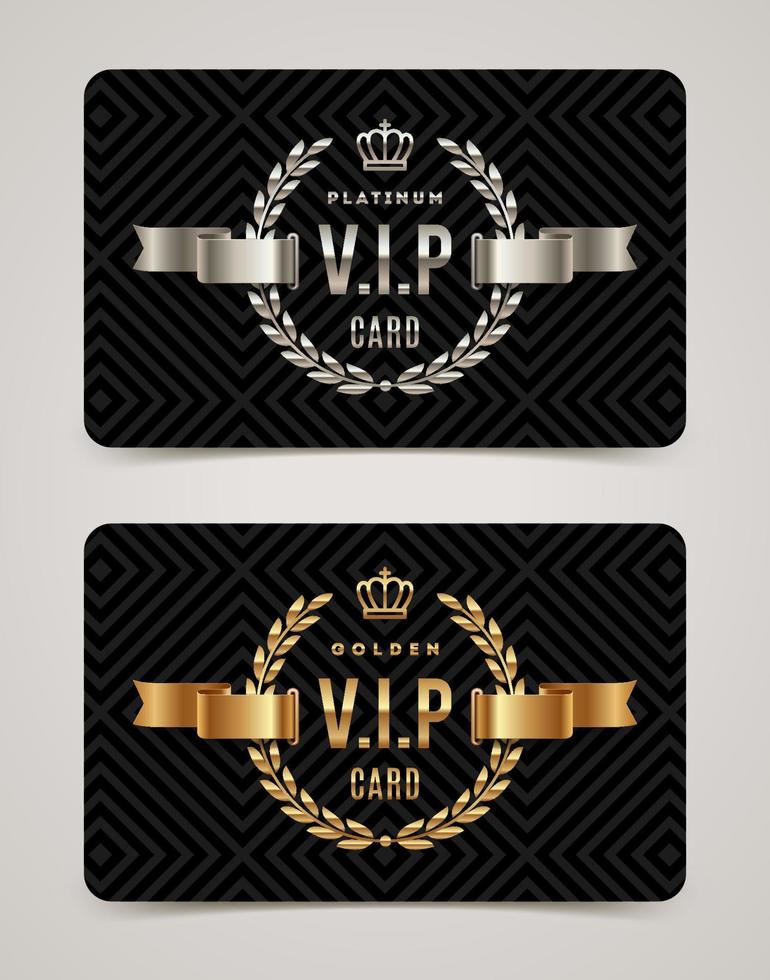 VIP golden and platinum card - type design with crown, laurel wreath and ribbon on a black pattern background. Vector illustration.