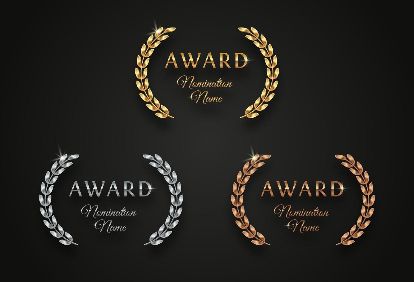 Award sign with laurel wreath - golden, silver and bronze variants, isolated on black background. Award sign vector set.