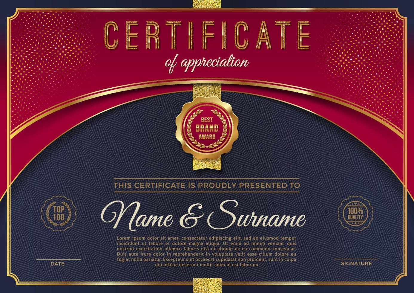 Certificate template with luxury golden elements. Diploma template design. Vector illustration.