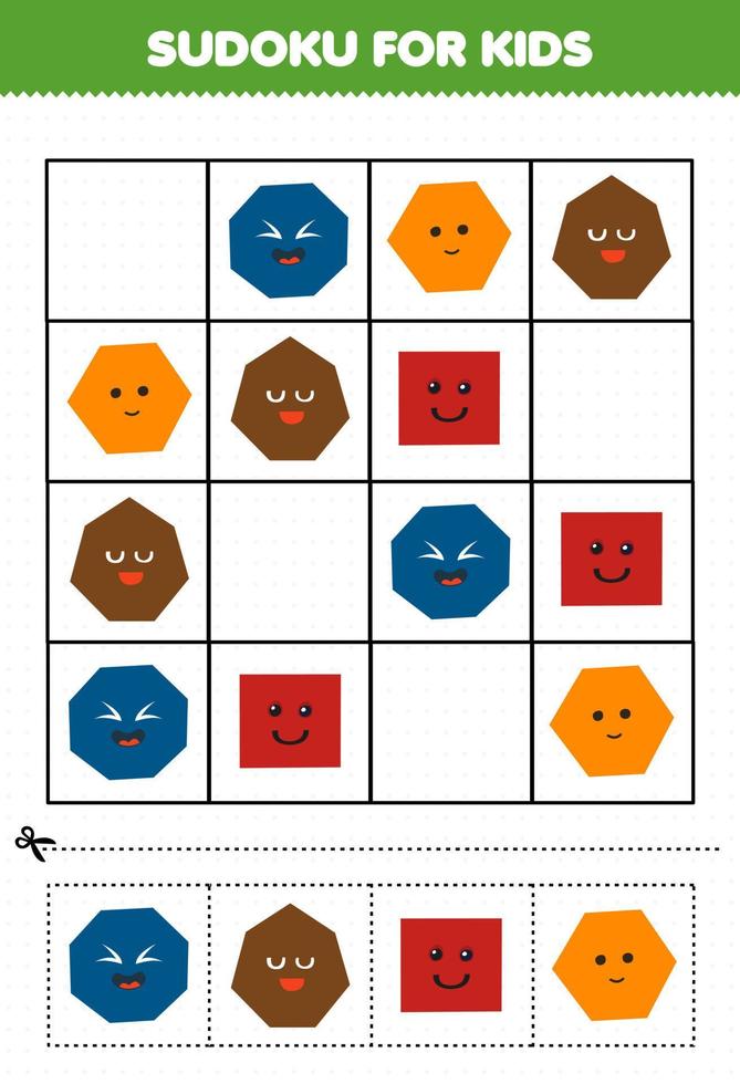 juego educativo para niños sudoku para niños con dibujos animados lindo forma geométrica octágono heptágono cuadrado hexágono imagen vector