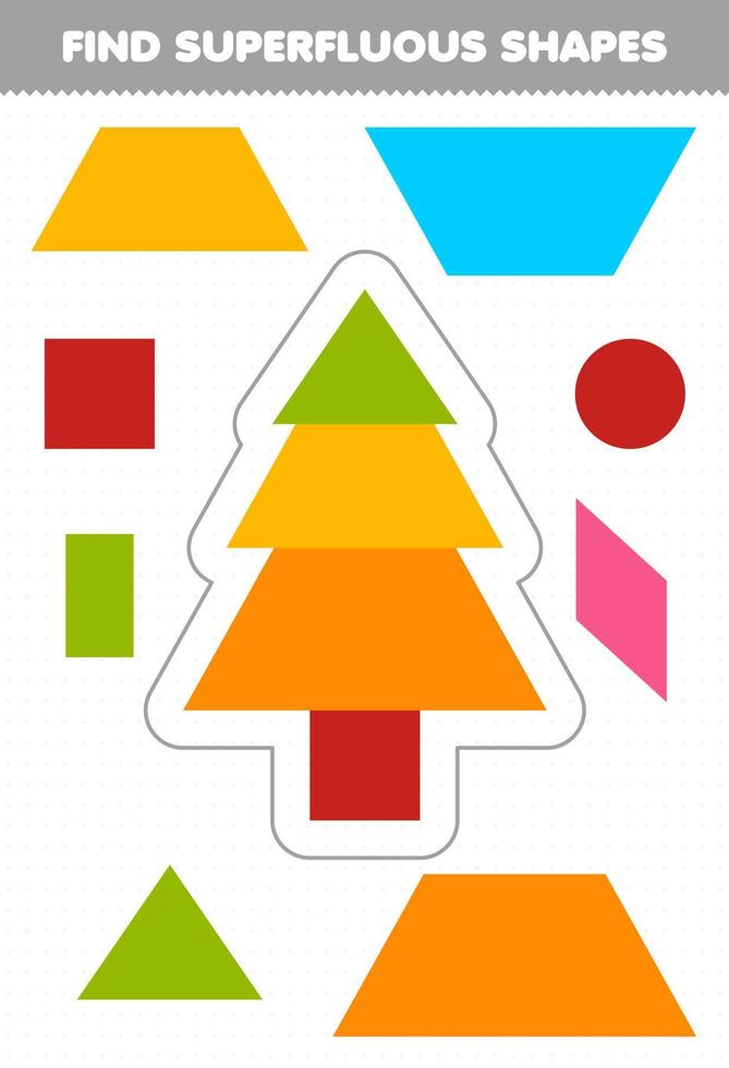 Education game for children find superfluous geometric shapes printable worksheet vector